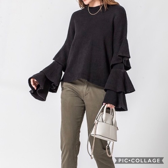 2 Left! Black Sweater w/Tier Ruffled Sleeves - Picture 1 of 5